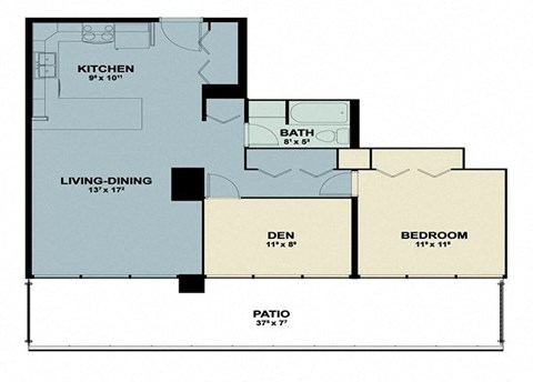 Floor plan for 2 beds, 1 bath, 818 sqft